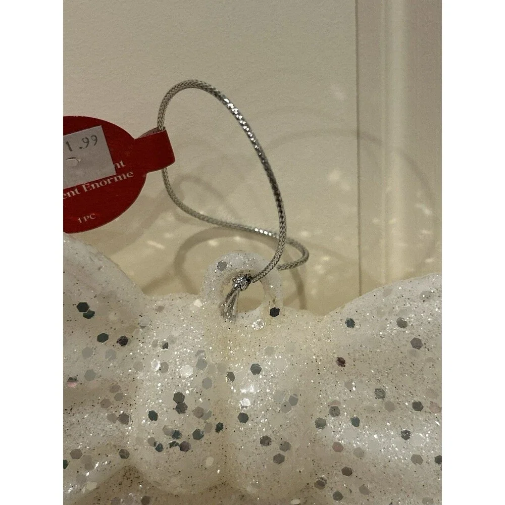 Ashland Christmas Jumbo Bow Ornament White Glitter Decorative 8”x 8